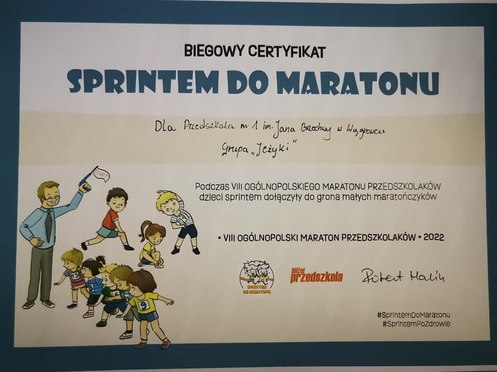 Zdjęcie z wydarzenia: Jeżyki - Sprintem do maratonu - przedstawia certyfikat